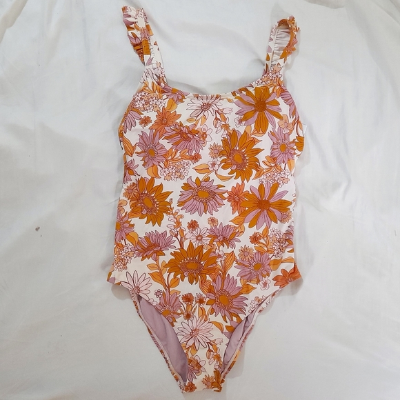 ● Kona Sol | NWT Orange Floral Ruffle Strap Coverage One Piece Swimsuit. - Picture 4 of 10
